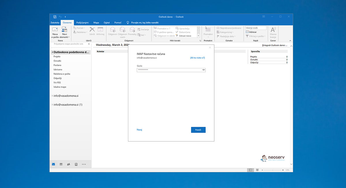 Outlook 2019 - IMAP nastavitve: geslo