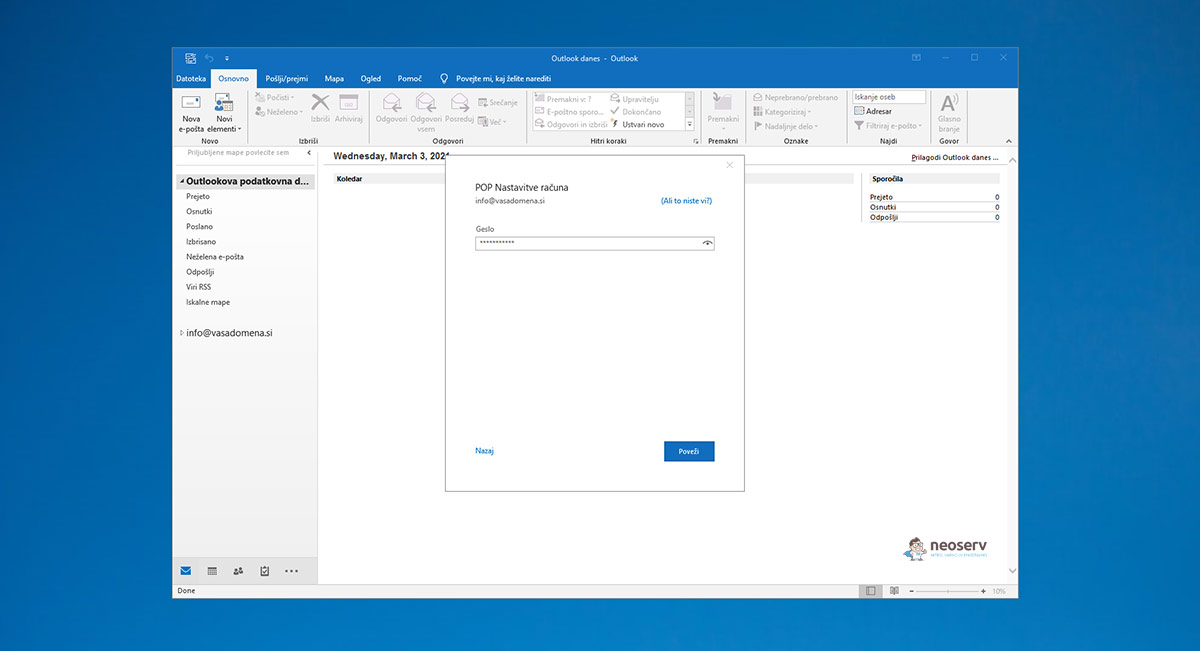 Outlook 2019 - POP nastavitve: geslo