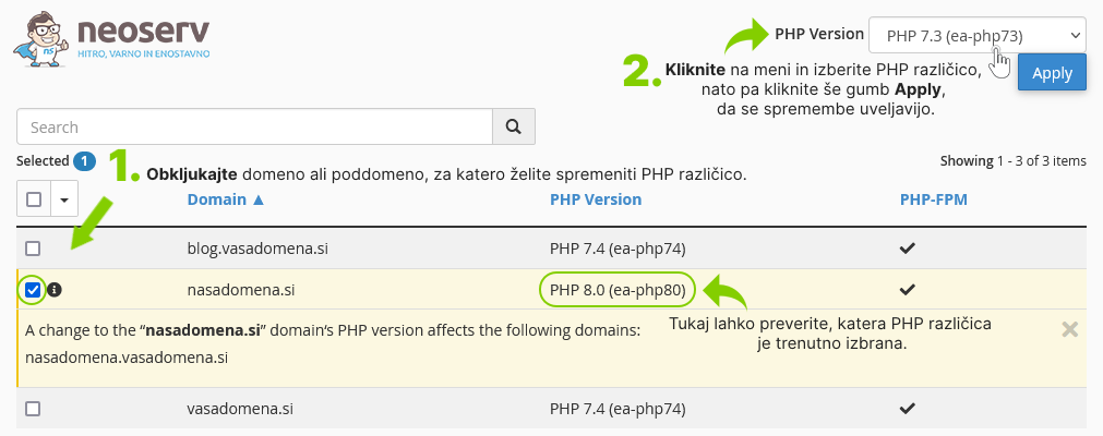 cPanel - MultiPHPManager - sprememba PHP različice
