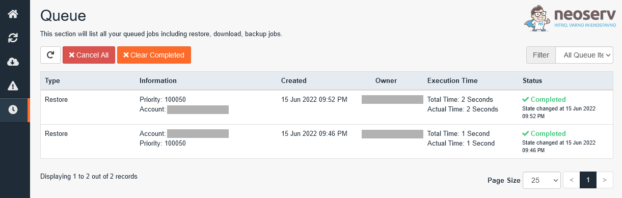 JetBackup 5 - obnovitev baze je zaključena