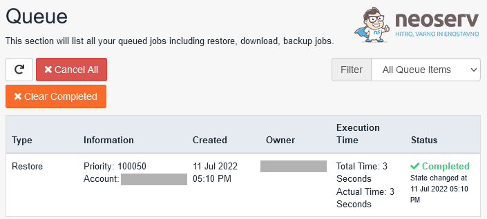 JetBackup 5 - Obnovitev e-pošte je zaključena