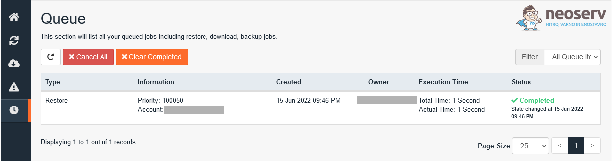 JetBackup 5 - obnovitev datotek je zaključena
