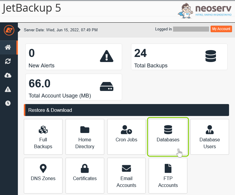 JetBackup 5 - Obnovitev podatkovnih baz