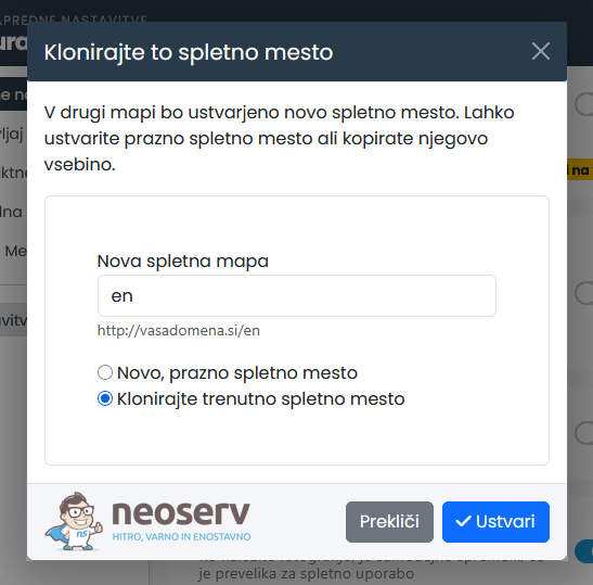 NEOSERV STUDIO - Določitev mape za klon spletne strani NEOSERV STUDIO - Določitev mape za klon spletne strani