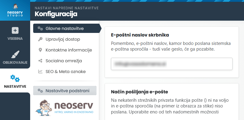 NEOSERV STUDIO - Nastavitve - Glavne nastavitve NEOSERV STUDIO - Nastavitve - Glavne nastavitve