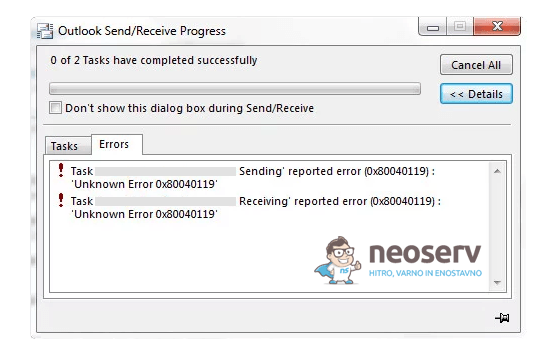 Outlook napaka 0x80040119 Outlook napaka 0x80040119