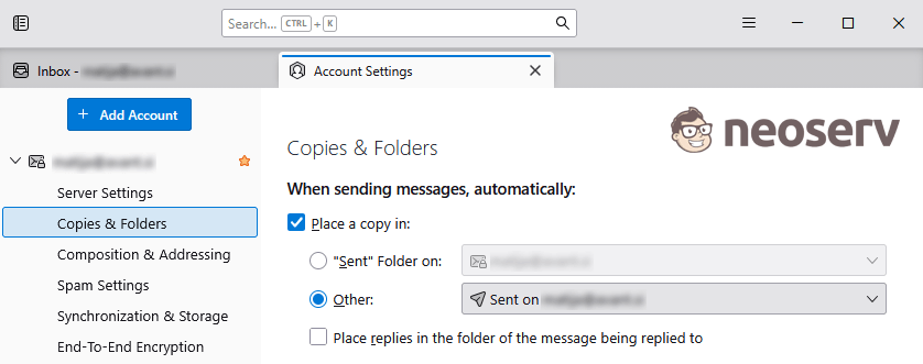 Mozilla Thunderbird - Account Settings - Copies & Folders Mozilla Thunderbird - Account Settings - Copies & Folders